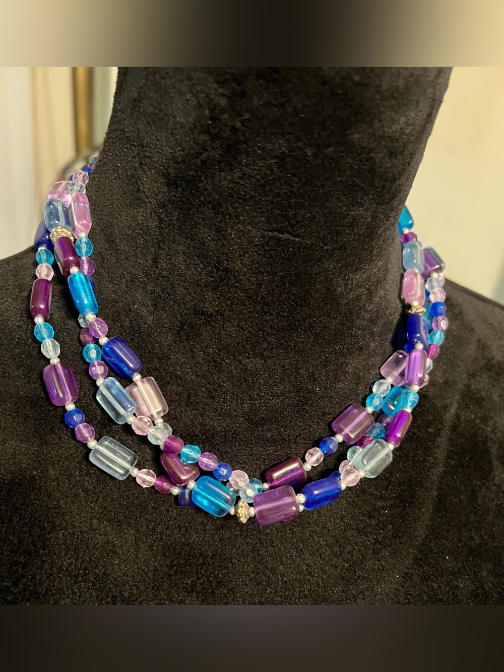 Multi-Strand Blue & Purple Glass Bead Necklace - Unbranded